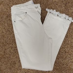 Cropped, fringe trim white jeans